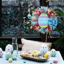 18" Easter Mesh Wreath for Front Door Artificial Flower Wreath with Happy Easter Wooden Board Bows for Spring Farmhouse Holiday Hanging on Home Indoor Outdoor Front Door Wall Decorations