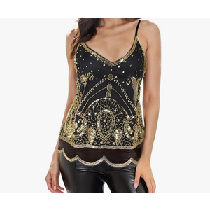 Vijiv Women's 1920s Inspired Beaded Sequin Top Shimmer Glitter Blouse V Neck Tank Top Formal Gatsby Shirt , Size 4-6