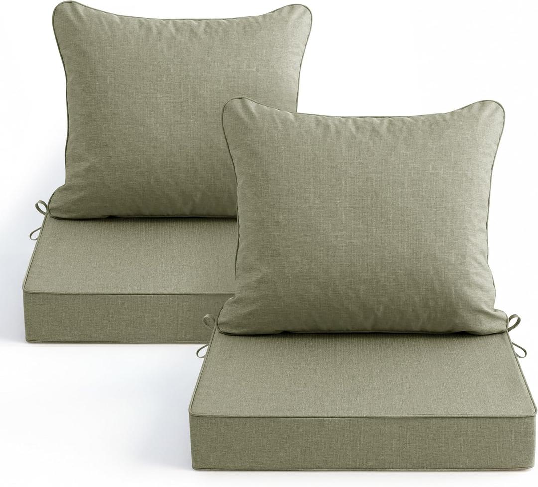 Summsun Water Resistant Outdoor Chair Cushions, Faux Linen Backrest and Deep Seat Cushion Set with Ties, Removable Cover, Non-Slip Bottom for Patio Furniture, 22 x 22 Inch, Mocca Green, Set of 2