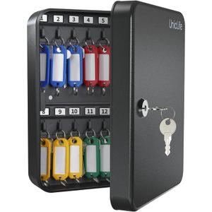 Uniclife Steel Key Cabinet Wall Mounted Organizer - 28 Keys, 2 Unlocking Keys - Black Frosted Security Box with Hooks and Color-Coded Labels