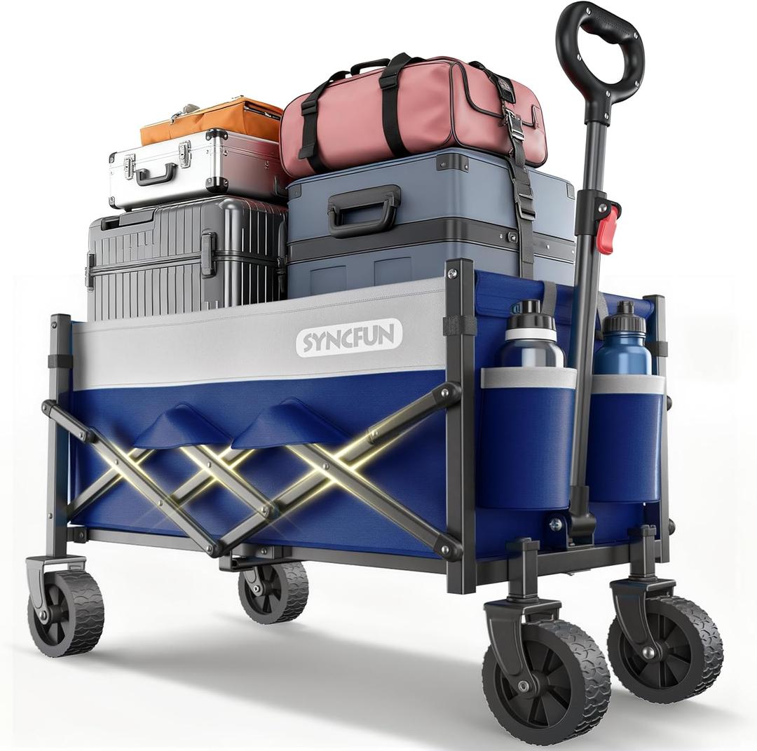 SYNCFUN Collapsible Wagon Cart Foldable 300lbs, Portable Rolling Shopping Carts on Wheels, Folding Sport Beach Wagons All Terrain, Heavy Duty Garden Utility Cart for Groceries Fishing, Blue