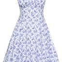 Belle Poque Women's Vintage Sleeveless Solid Floral Ruched Summer Cute A-Line Flowy Swing Midi Dress (Medium, White-blue Floral 2)