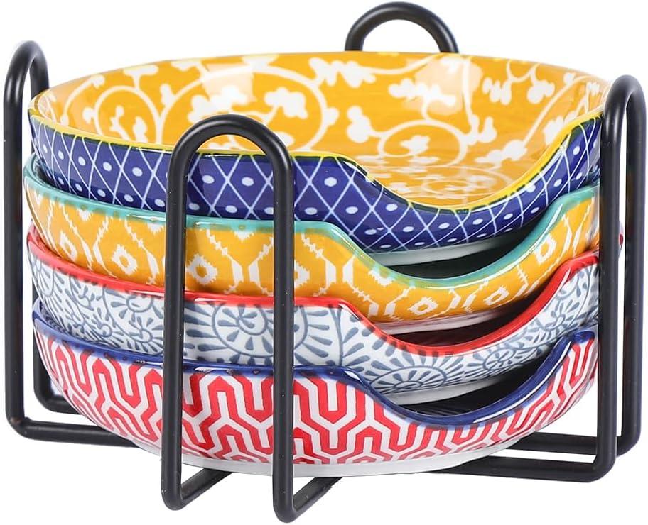 Selamica Ceramic Spoon Rest with Holder, 4.8 Inch Spoon Rest for Stove Top, Spoon Holder for Kitchen Counter, Coffee Spoon Holder, Utensil Rest for Cooking, Ladles, Tong, Set of 4, Assorted Colors