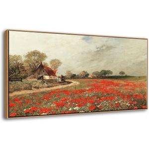 JiazuGo Vintage Farmhouse Framed Wall Art, Red Poppies Field Landscape with Country Cottage, Rustic Canvas Painting Print for Living Room Bedroom Decor, Ready to Hang, 20x40 Inch