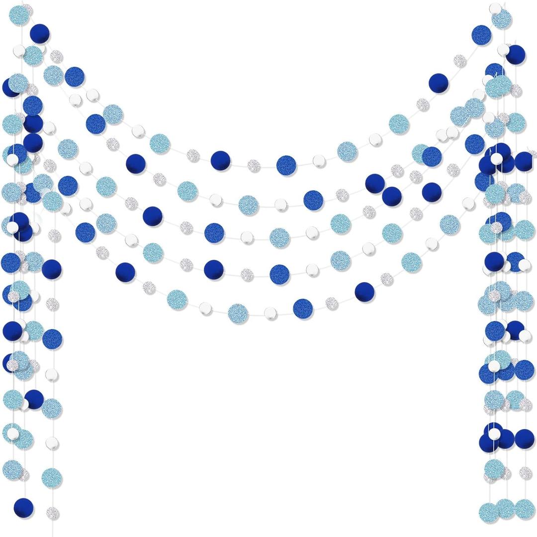 Outus 5 Pieces Silver Round Dots Garland Graduation Party Hanging Decor Each Length 13.1ft Glitter Paper Dot Streamers for Birthday Wedding Classroom Supplies (Blue)