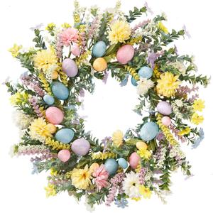 Sggvecsy 20 Inch Easter Wreath Spring Wreath Artificial Flower Wreath with Colorful Eggs Hydrangea Daisies Eucalyptus Leaves for Front Door Easter Summer Farmhouse Holiday Wall Home Window Decor