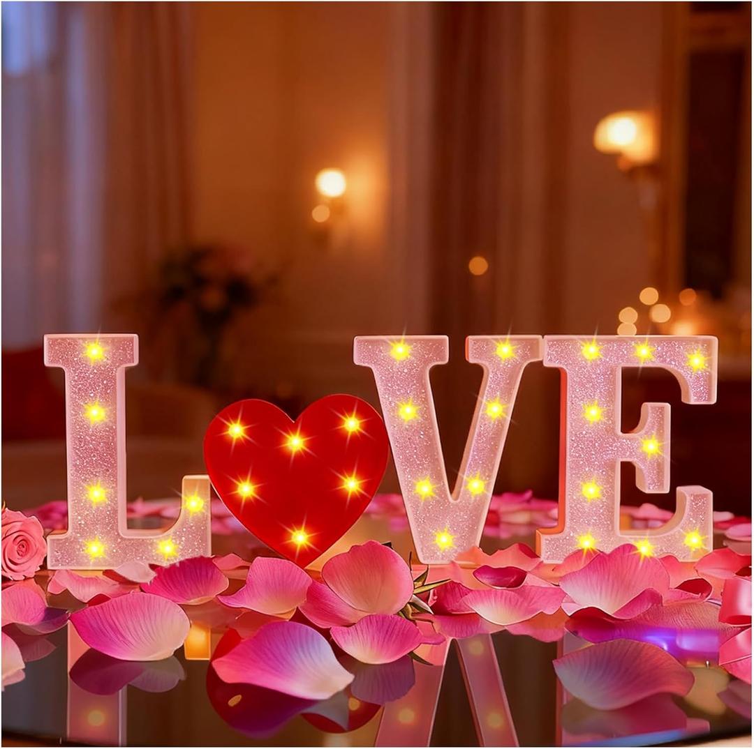 Valentines Day Love Letters Decorations - 4Pcs Pink Glitter Light Up Marquee Love Letter Lights with Red Heart for Valentines Day Table Wall Window Fireplace Mantel Home Decor, Battery Powered, 8.6''