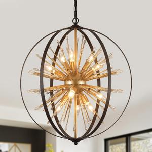 Modern Sputnik Chandelier, Black Gold Globe Crystal Firework Pendant Light Fixture Industrial 12-Light for Entryway Foyer Kitchen Dining Living Room UL Listed