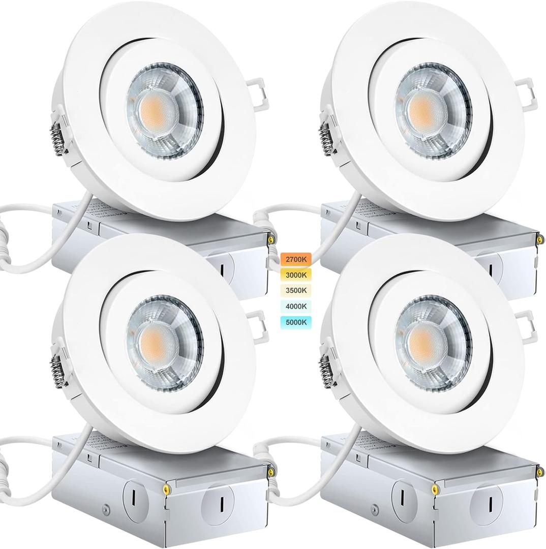 KnLnny Ware Gimbal Recessed Lighting 4 Inch 4 Pack, Ajustable Eyeball Recessed Ceiling Light with Junction Box,5 CCT(2700K-5500K) Selectable,9W 750LM,Dimmable,Airtight, ETL Listed (White)