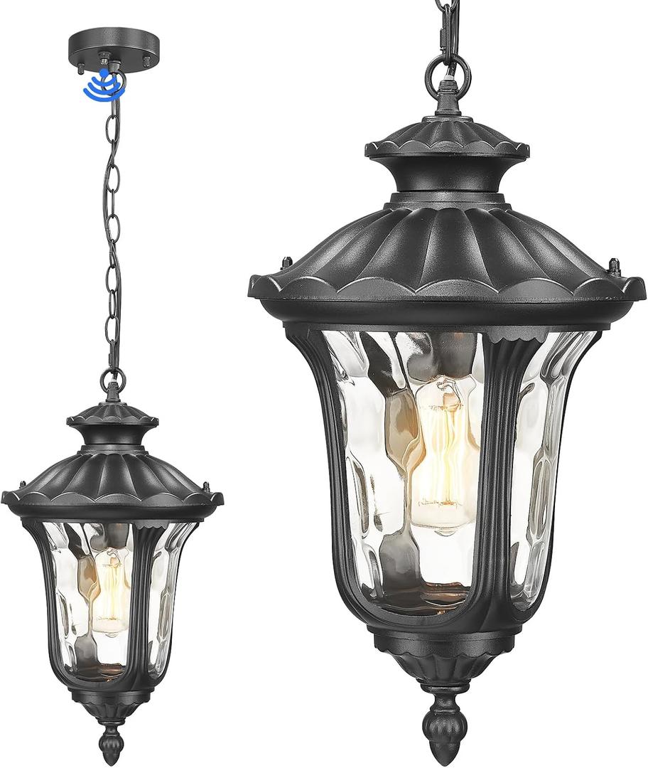 Dusk to Dawn Outdoor Pendant Light for Porch, 58'' Large Exterior Hanging Lantern Fixture Sensor Outdoor Chandelier in Black Finish for Entryway,Doorway,Farmhouse,Foyer, Black