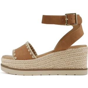 Soda “Laguna” ~ Women Square Toe Stitched Single Band Low Heel Espadrille Wedge Sandal with Adjustable Ankle Strap, 8.5