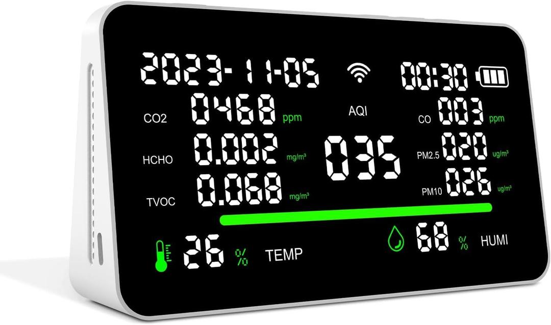 11-in-1 Air Quality Monitor, Indoor CO2/VOC/AQI/PM2.5/Thermometer/Humidity Monitor, Portable Smart Air Quality Meters, Air Quality Tester for Home Office Outdoor, Battery Powered (White)
