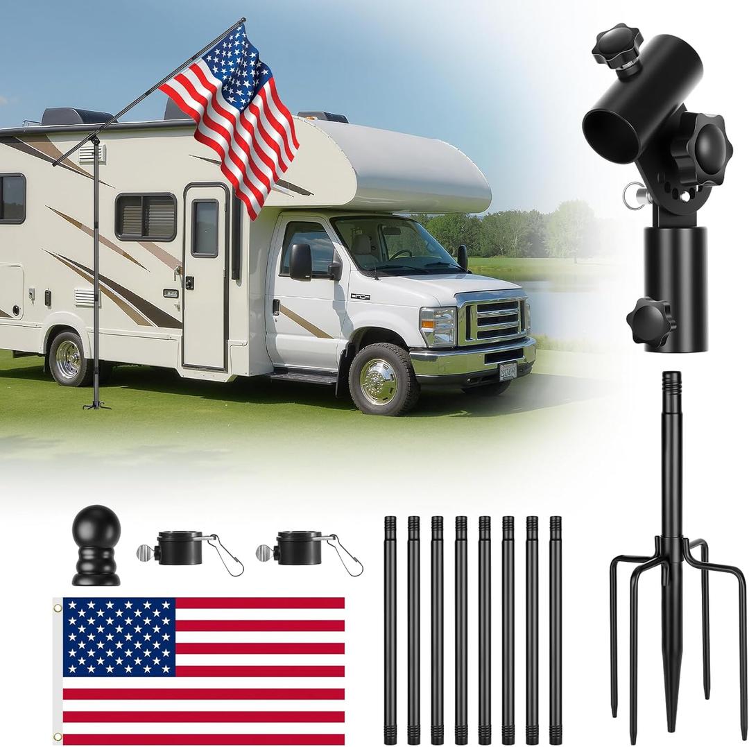 Camping Portable Flag Pole Holder Kit, 90 Quick Angle Adjust In-Ground Flagpole Mount with 5-Prong Base for RV, Beach, Yard, Tailgating, Outside House, Outdoor, Includes Flag & 10FT Flagpole