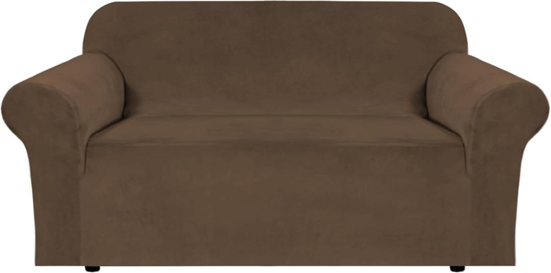 H.VERSAILTEX Stretch Velvet Loveseat Covers for 2 Cushion Couch Covers for Living Room Sofa Covers Slipcovers with Non Slip Straps Bottom, Ultra Thick Comfy Velour (Width 58"-72", Bronze Brown)