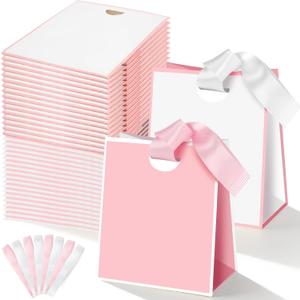 50 Packs Small Gift Bags with Ribbon Handles 4.9" x 2.6" x 4.3" Bulk Reusable Pink and White Goodie Bags Bulk for Wedding Birthday Bridal Baby Shower Holiday Party Favors Gift Wrap