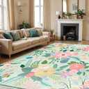 8x10 Machine Washable Area Rugs, Floral Area Rugs Faux Wool Boho with Non Slip Backing, Low Pile Flower Rug Carpet for Girls Bedroom Nursery Living Room Dining Room, Green Rug