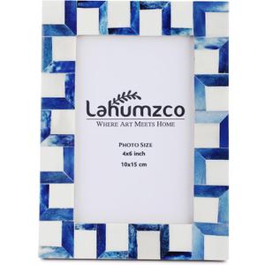 Handmade Bone Picture Frame Chevron Art Inspired Vintage Table-Top/Wall Dcor With Real Glass Photo Frames (4x6 Inches, Blue White)