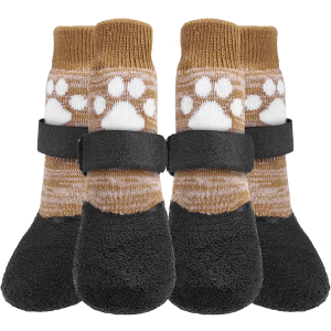 BeautyZoo Anti Slip Dog Socks, Dog Boots for Hardwood Floors Prevent Licking, Traction Control Waterproof Rubber Sole Paw Protectors for Small Medium Large Dogs, Khaki S