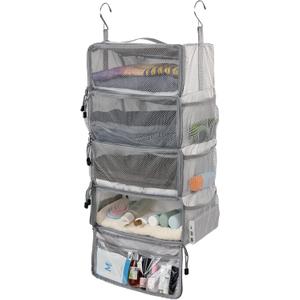 Surblue Travel Hanging Packing Cubes with 2 Hooks Hanging Shelves for Luggage Organizers Portable Compression 4 Shelf Closet Carry-on Suitcases Organizers, Medium, Lightgrey (M: 13.8*7.1*21.7 in)