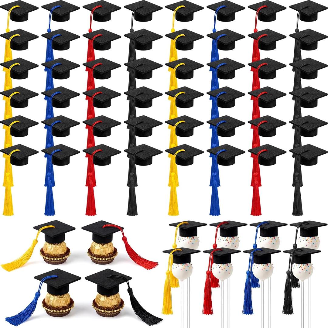 Flutesan Mini Felt Graduation Caps Lollipop Cake Topper with Tassel Grad Black Hat Chocolates Decor 2026 Grad Party Supplies