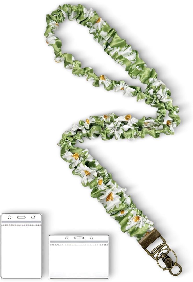 Lanyardio Stretchy Scrunchie Lanyard for ID Badges Keys, Cute Teacher Lanyard for Women with 2 Card Holders 19.6 Inch (Green Flower)