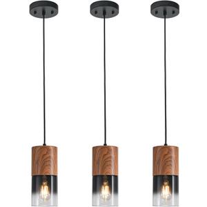 3-Pack Modern Pendant Lights for Kitchen Island, Adjustable Black Pendant Light Fixtures with Brown Wood Grain, Industrial Glass Pendant Lights for Dining Table Hallway Bedroom Living Room
