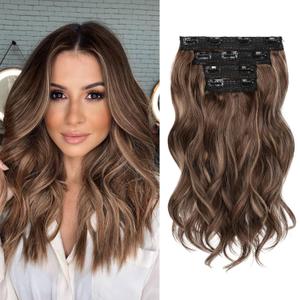REECHO Hair Extensions, 4PCS Clip in Hair Extensions 14" Short Beach Wavy Invisible Lace Weft Natural Soft Hairpieces for Women  Chestnut Brown with Highlights
