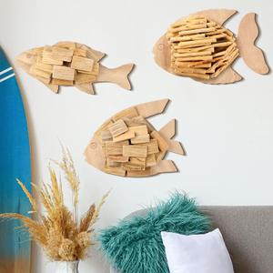 Wesiti 3 Pcs Beach Coastal Wall Decoration Driftwood Fish Nautical Wall Art Hand Crafted Coastal Beach Driftwood Handmade Wooden Decor for Home Living Room Bedroom Office Bathroom
