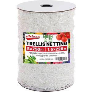Trellis Netting 5 x 750 ft Heavy Duty Polyester Plant Support Netting White - 6 Inch Garden Rope Trellis on Roll - Mesh Twine for Growing Vine Climbing Plants, Flowers, Peas, and Tomatoes.