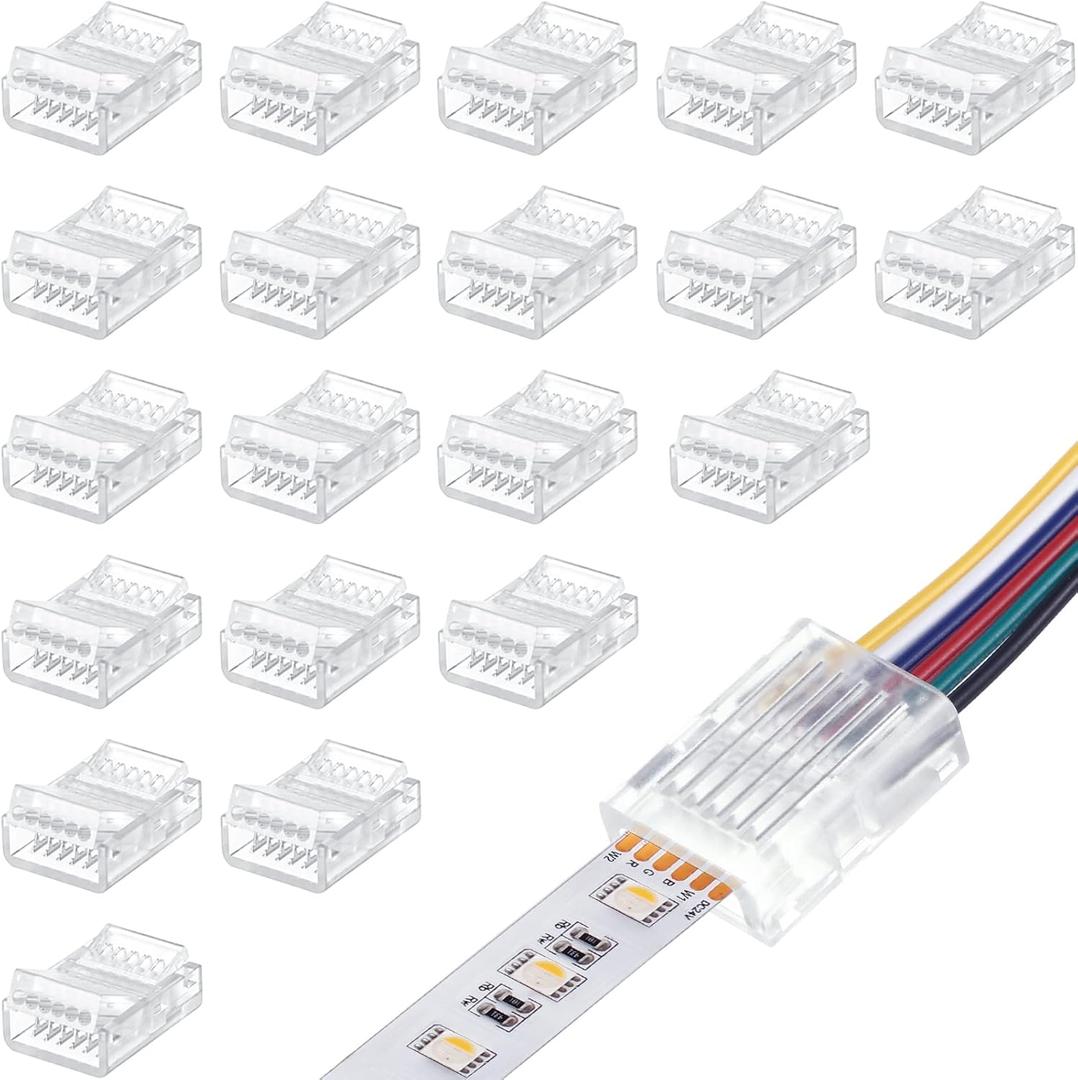 Flutesan 20 Pcs 6 Pin 12 mm LED Strip Connector RGB Lights Waterproof Adapter 22 Awg Wires Connector for Strip Light Unwired Gapless Track 5v 12v 24v