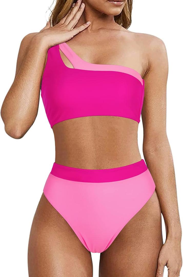 MOOSLOVER Women Cutout One Shoulder High Waisted Bikini High Cut Two Piece Swimsuits (Small, Pink Rose)