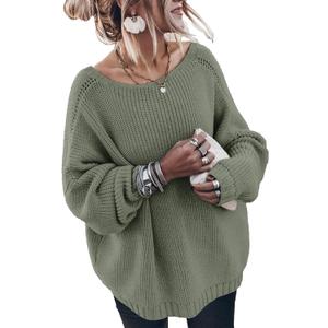 Oversized Sweaters for Women Trendy Chunky Batwing Long Sleeve Casual Crewneck Ribbed Pullover Tunic Sweater (Large, Green)