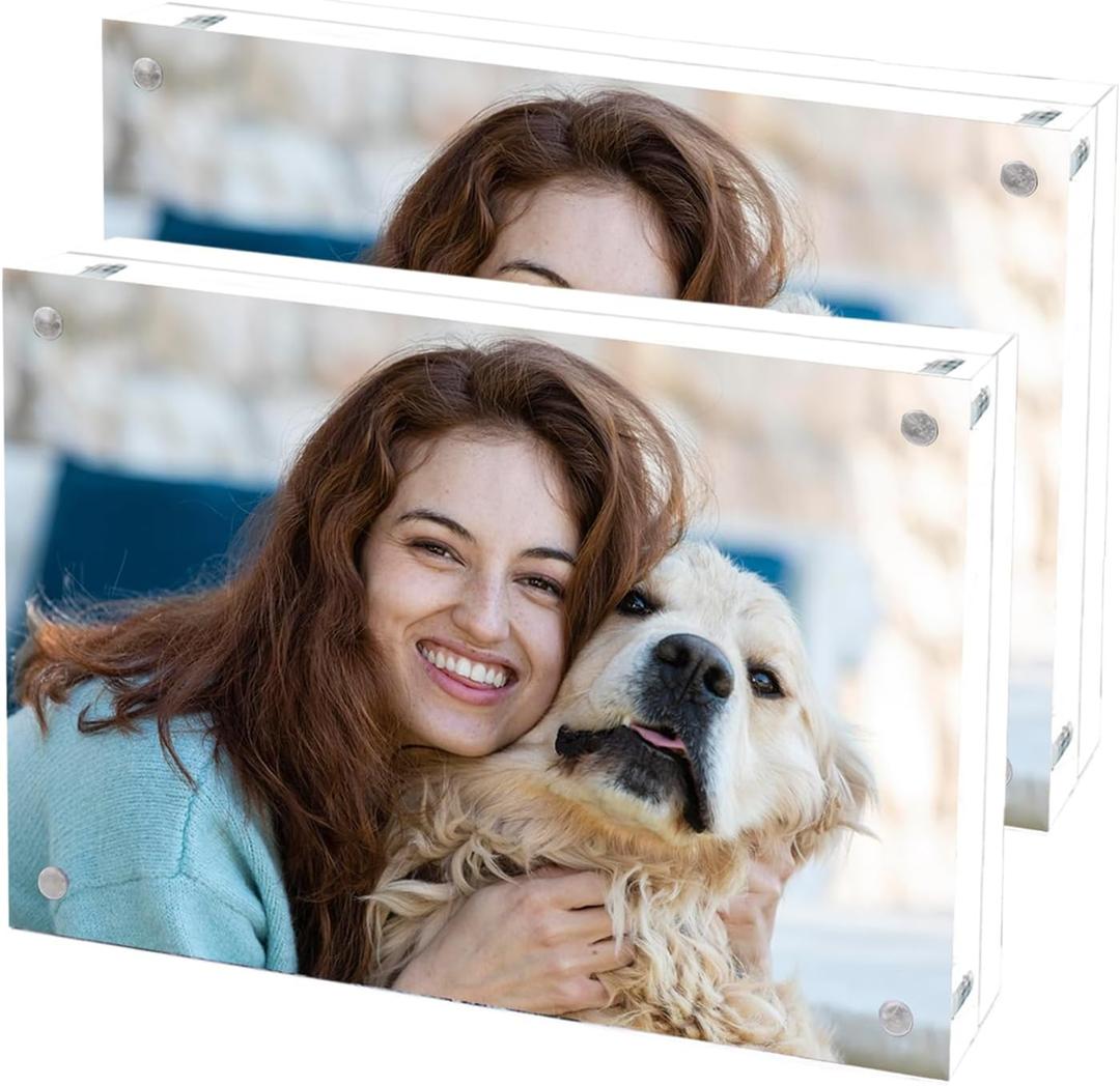 Acrylic Picture Frame 4x6, Double Sided Photo Frames for Refrigerator with Magnetic Corners, Transparent Acrylic Frame for Desk or Tabletop Display Family,Wedding, Baby Pictures (2 Pack)