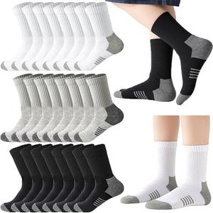 20 Pairs Crew Athletic Socks for Kids Breathable Cushion Crew Socks for Kids Sport Running Traveling, Black, White, Gray