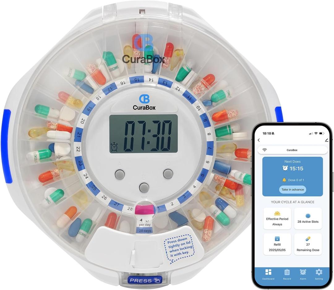 Automatic Pill Dispenser for Elderly with Alarm - 28 Day Smart Pill Box for Alzheimers Care, Easy-Read LCD Display, Key Locked, Alarm & Light Reminder for Medication, Vitamins, Supplements