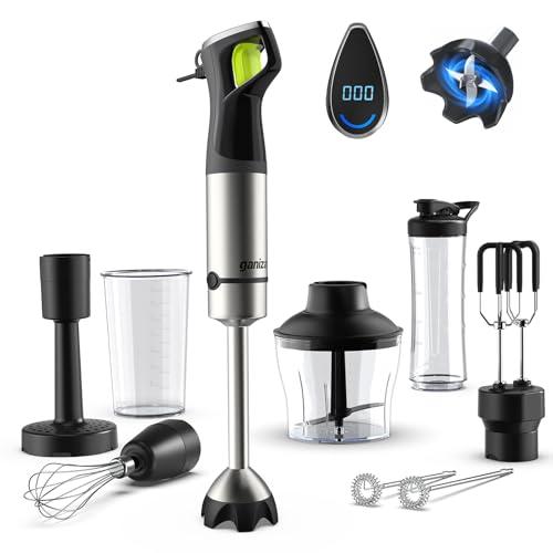 Ganiza Immersion Blender, Max 1200W Heavy Duty Hand Blender with Time Display & Variable Speed Trigger, 9-in-1 Electric Handheld Mixer with Chopper Whisk Frother Beaker Ideal for Soup Puree Smoothies