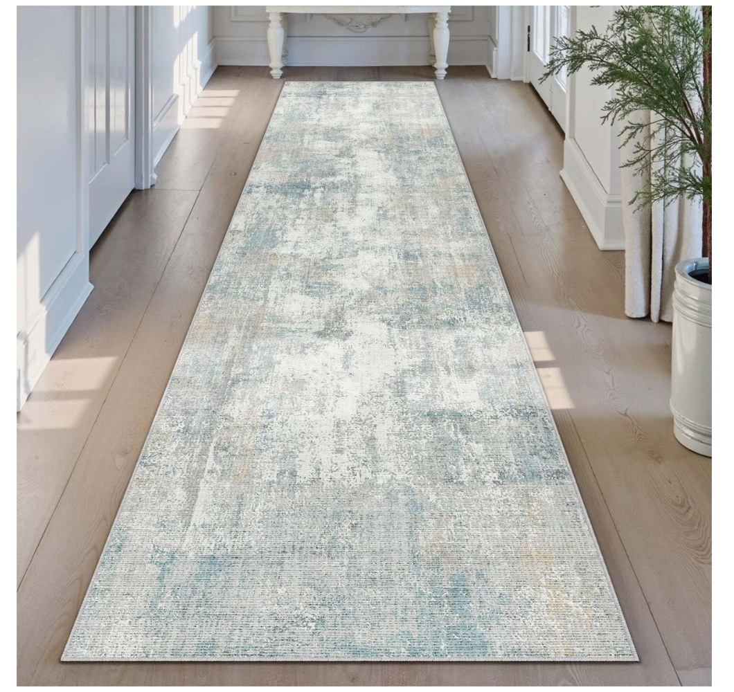 2x7 Washable Runner Rug Blue Cream Abstract Non Slip Soft Low Pile Hallway Kitchen Rug Neutral Modern Carpet for Laundry Bathroom Bedroom Living Room Home Decor