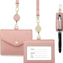 Office Badge Holder - Boshiho Genuine Leather Credit ID Card Holder with Stretch Neck Lanyard and Pen Clip, Gift Box (Horizontal-Pink)
