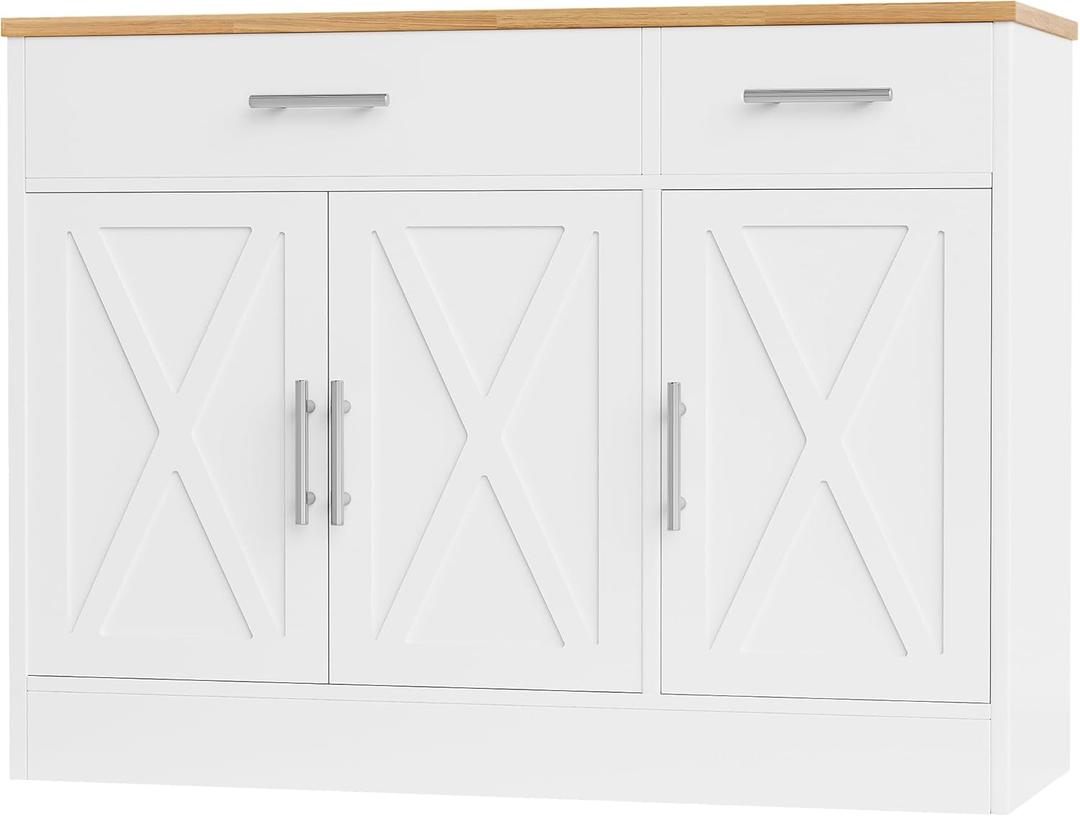 Shintenchi Modern Farmhouse Sideboard Buffet Cabinet with Storage with 3 Doors,42" Barn Doors Buffet Cabinet with Storage, Wood Coffee Bar Cabinets with Adjustable Shelf for Kitchen Living Room,White
