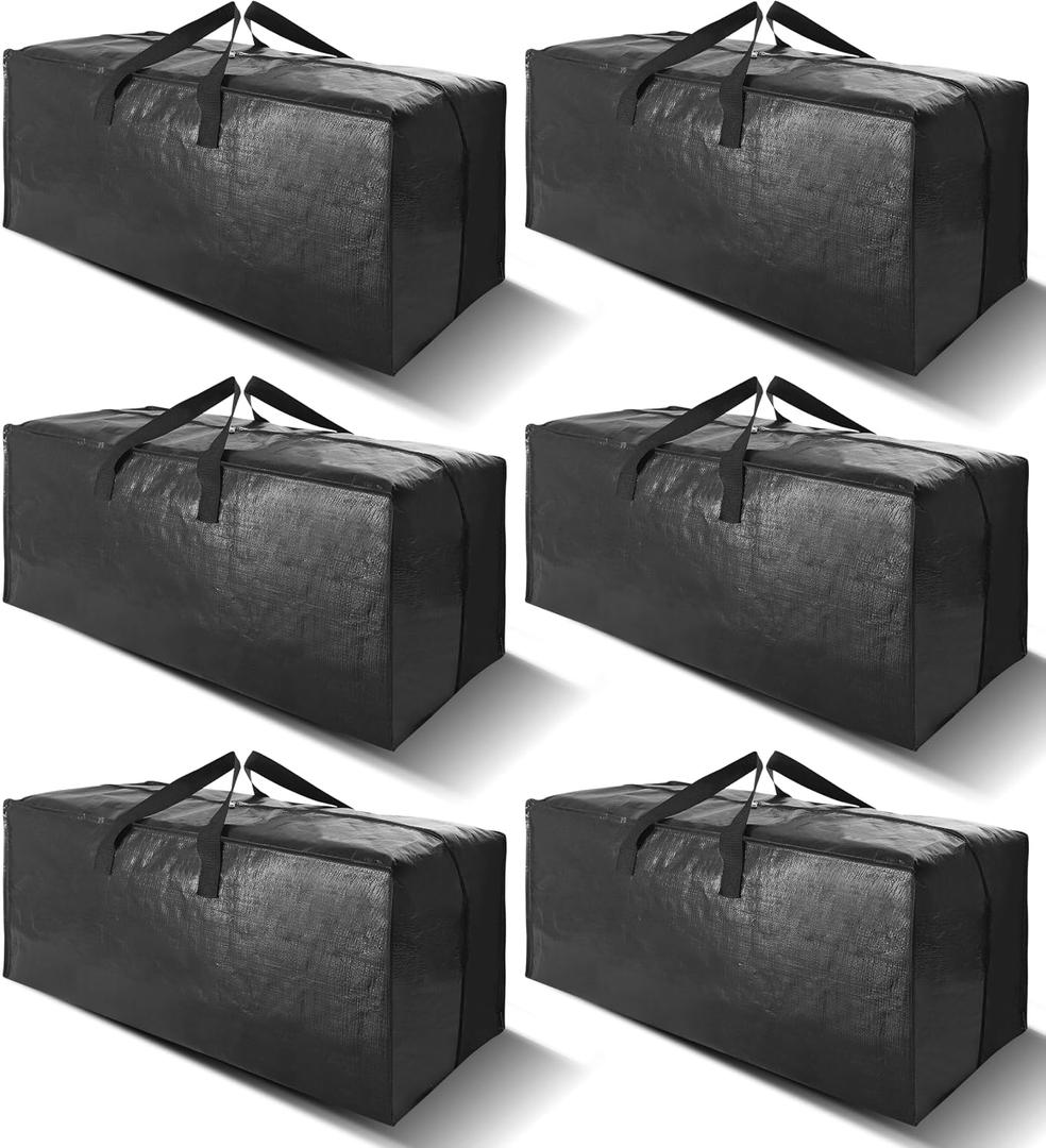 6 Pack Heavy Duty Extra Large Moving Bags W/Backpack Straps - Strong Handles & Zippers, Storage Totes For Space Saving, Fold Flat, Alternative to Box and Bin (40 gal, Black)