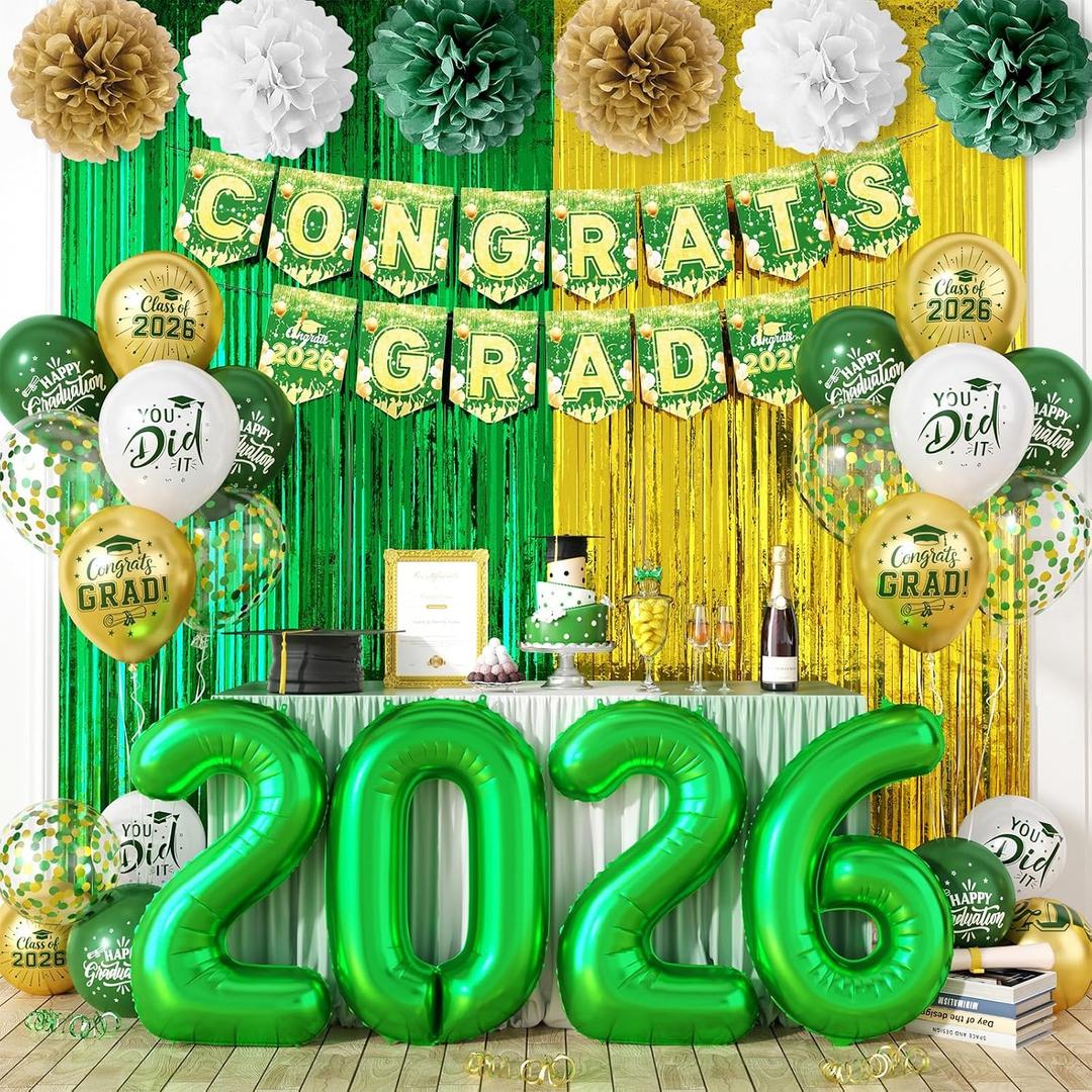 Graduation Decorations 2026, Green Gold Graduation Balloons, Green Number Balloons, Green Congrats Grad Banner, Paper Flowers & Curtains, Graduation Party Supplies for Grad Party Decor Class of 2026