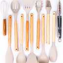 Dusico Silicone Cooking Utensils Set of 12 Pcs with Wood Handles. Heat Resistant Kitchen Utensils for Nonstick Cookware, BPA Free Silicone Spatula Set & Cooking Spoons, Kitchen Gadgets (Beige)