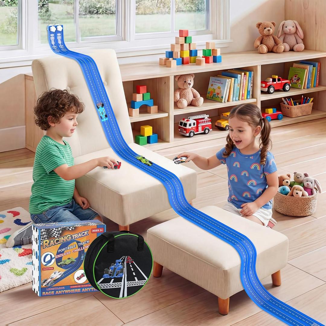 20Ft Flexible Race Track, Slot Car Race Track Set for Kids Ages 3+, Dual Racing Game 2 High-Speed Cars 1/ 64 Scale, w/ 8 Suction Cups, 4 Alloy Cars– Ideal Christmas Birthday Gift for Boys & Girls (Blue)
