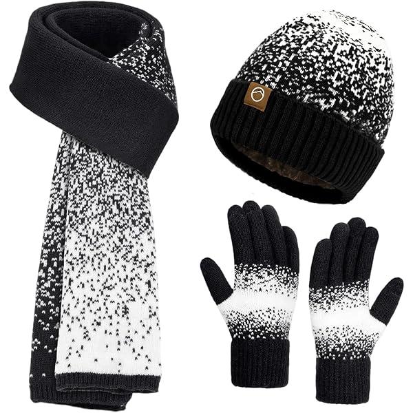 Womens Winter Beanie Hat Scarf Gloves Set - Touchscreen Gloves,Long Knit Scarf & Ombre Snowflake Design Beanie Set for Women, One Size