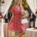 Womens Summer Ruffle Short Sleeve Dress V Neck Flowy Chiffon Layers Boho Dresses (Red)