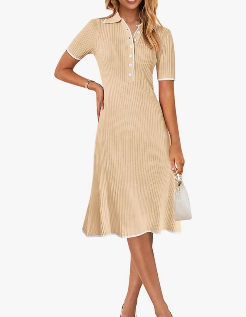 MEROKEETY Women's V Neck Ribbed Knit Midi Dress Short Sleeve Button Elegant Bodycon Sweater Dresses, Apricot, Small