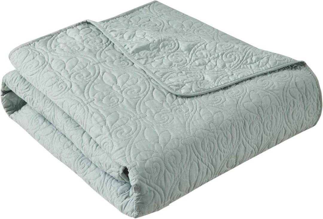 Madison Park Throw Blanket - Reversible Damask Quilting Design, Soft Pre-washed Microfiber, Cotton Filled Spread, Cozy Summer Blanket - Throw for Living Room Couch, Sofa, Bed, Quebec, 60x70", Seafoam