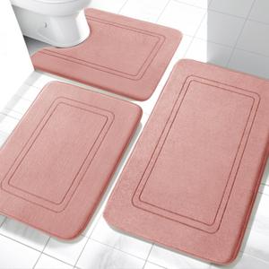 YIHOUSE Memory Foam Bath Mat Set, Bathroom Rugs Sets 3 Pieces, Non Slip Bath Mats for Bathroom, Super Soft and Water Absorbent Bath Rug Set, Machine Washable U Shape Toilet Rug,Pink