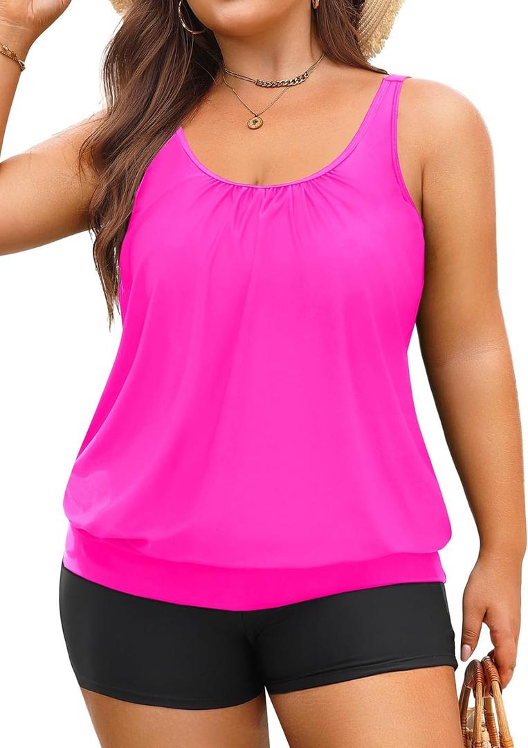 Yonique Plus Size Tankini Swimsuits for Women Blouson Tankini Tops with Swim Shorts Two Piece Bathing Suits (Hot Pink, 20Plus)