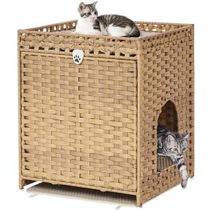 Cat Litter Box Enclosure with Soft Litter Mat; Hidden Cat Washroom Furniture with Door; Handwoven Rattan Cat House; Pet Crate for Living Room, Bedroom, Balcony (Natural)